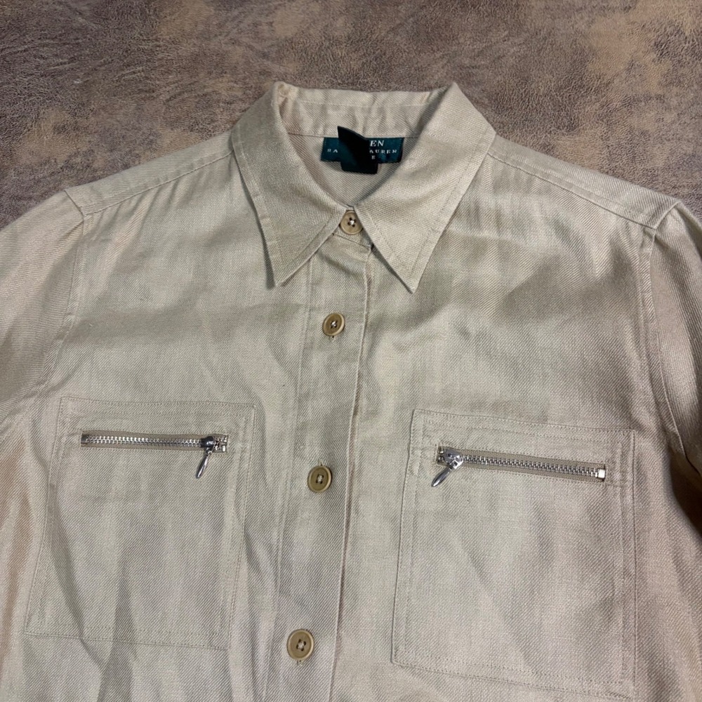 Lauren Ralph Lauren Button Down Size PS Tan 100% Linen Zip Pocket Utility Safari